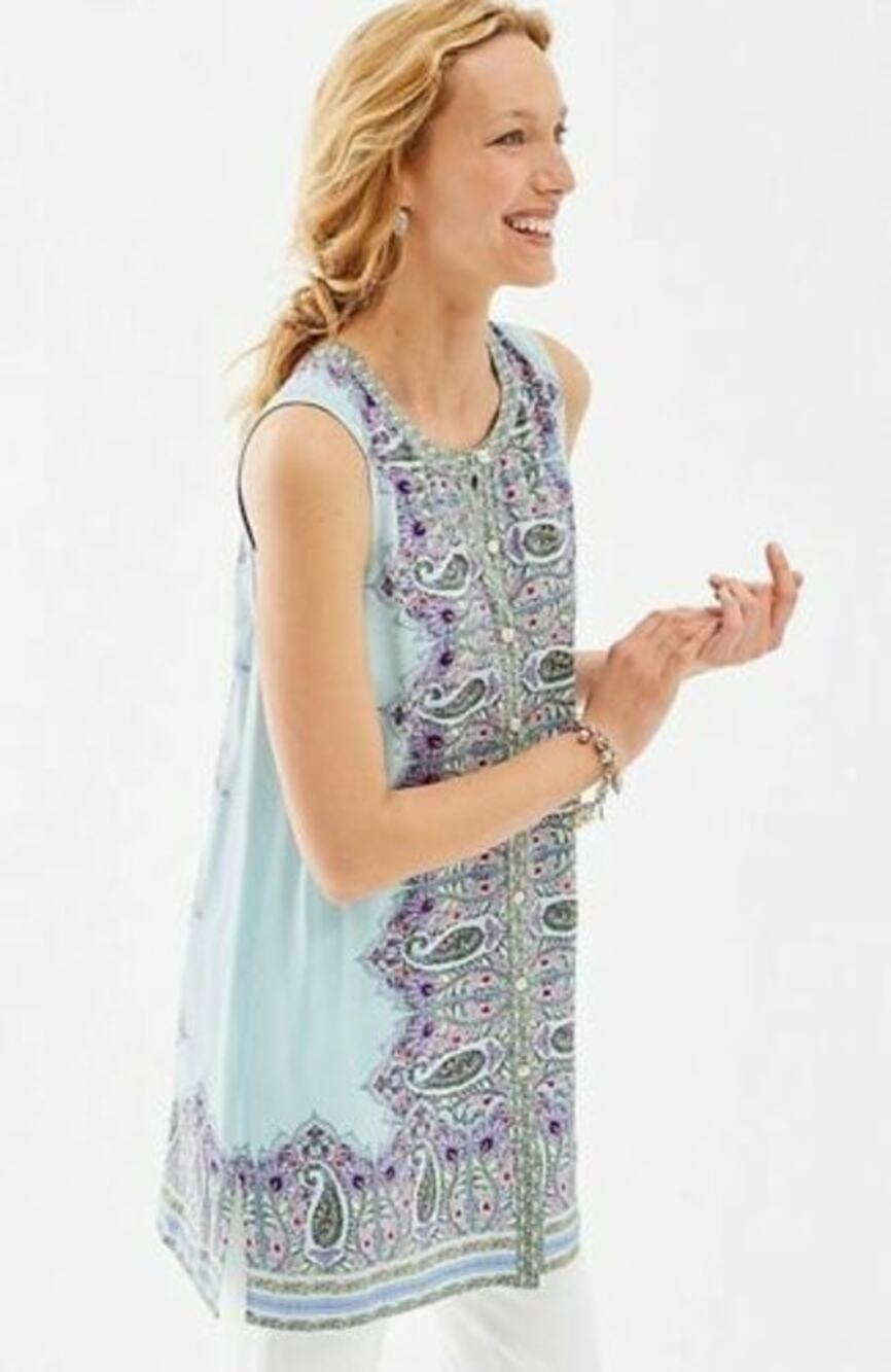 J. Jill Tunic Size XS Button Front Mini Dress Blue Paisley Longline Shirt Tank